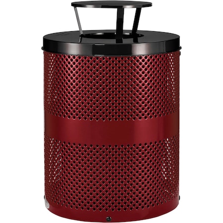Global Industrial Outdoor Perforated Steel Trash Can With Rain Bonnet Lid, 36 Gallon, Red 261927RD